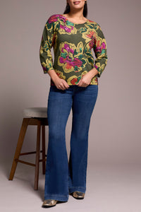 Tribal 3/4 Sleeve Sweater in Chive