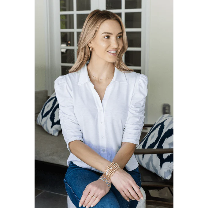 Erin Gray Grace Button-Up Elbow Length Tee in White