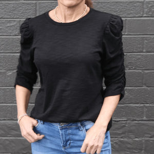 Erin Gray Sophie Ruched Elbow-Length Tee in Black